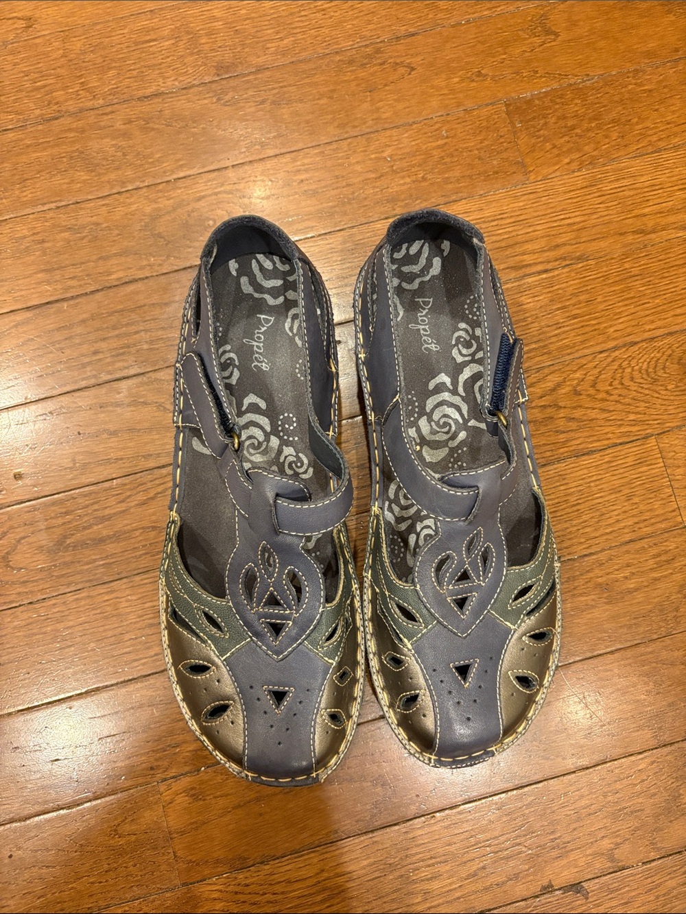 Propet Jenna Navy and Olive and bronze Leather Cutout Slip-On Shoes